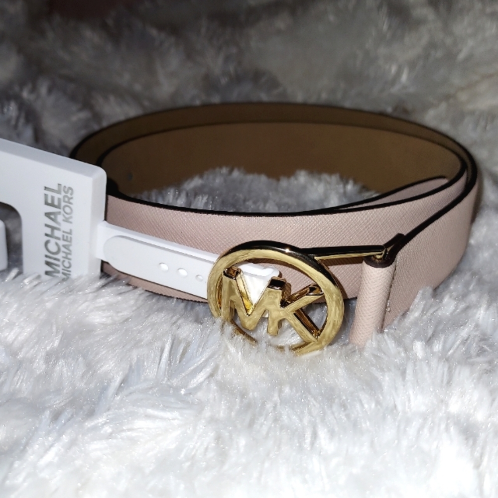 NWT genuine leather Michael Kors gold O ring monogram dust pink belt, size M